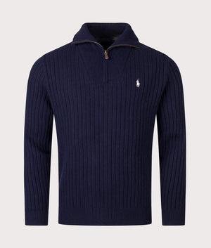 Rib Knit Wool Quarter Zip by Polo Ralph Lauren in Hunter Navy. Shot by EQVVS. Back Front open collar shot 