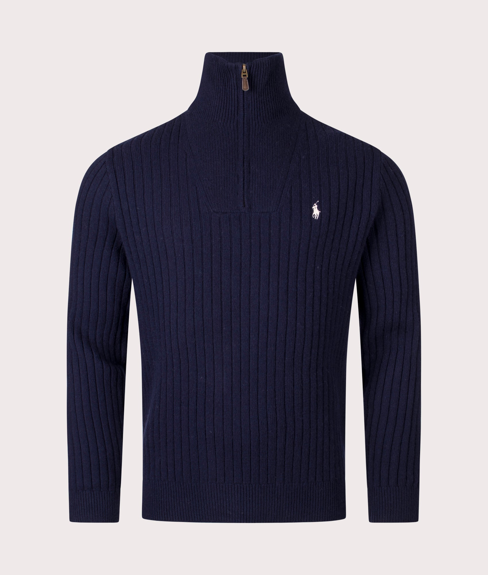 Rib Knit Wool Quarter Zip by Polo Ralph Lauren in Hunter Navy. Shot by EQVVS. Front shot.