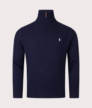 Rib Knit Wool Quarter Zip by Polo Ralph Lauren in Hunter Navy. Shot by EQVVS. Front shot.