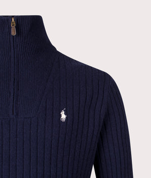 Rib Knit Wool Quarter Zip by Polo Ralph Lauren in Hunter Navy. Shot by EQVVS. Detail shot.