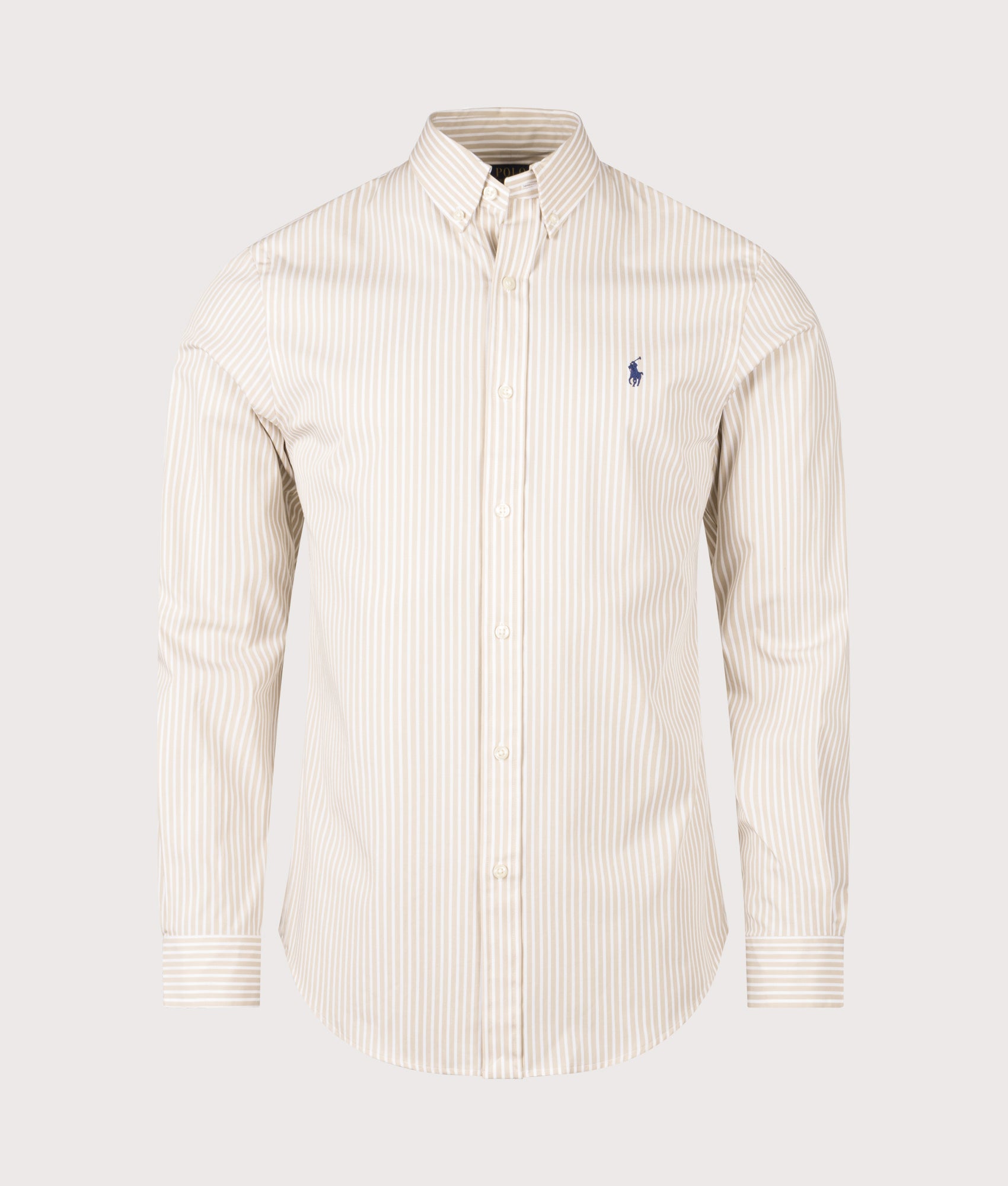 Slim Fit Stretch Poplin Shirt in Coastal Beige White . | 100% Cotton | Polo Ralph Lauren | Shot at EQVVS | Front shot