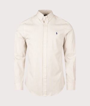 Slim Fit Stretch Poplin Shirt in Coastal Beige White . | 100% Cotton | Polo Ralph Lauren | Shot at EQVVS | Front shot
