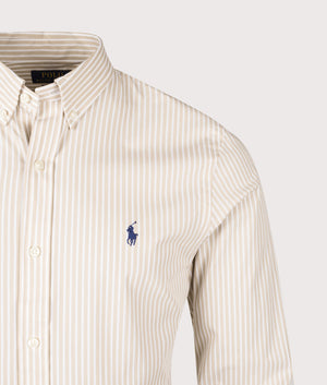 Slim Fit Stretch Poplin Shirt in Coastal Beige White . | 100% Cotton | Polo Ralph Lauren | Shot at EQVVS | Front detail shot