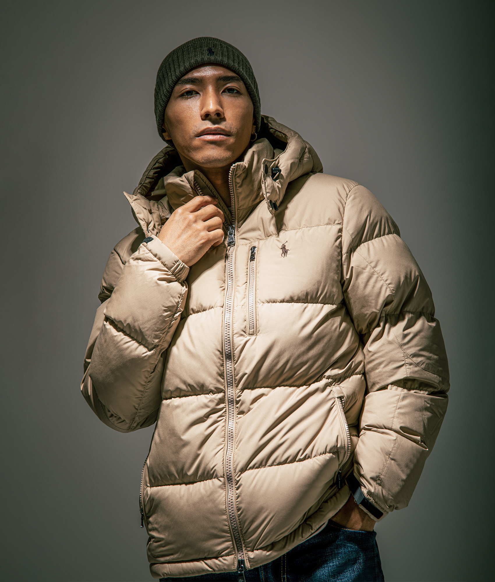 Polo Ralph Lauren Gorham Down Jacket in Desert Khaki at EQVVS Menswear. Campaign shot.