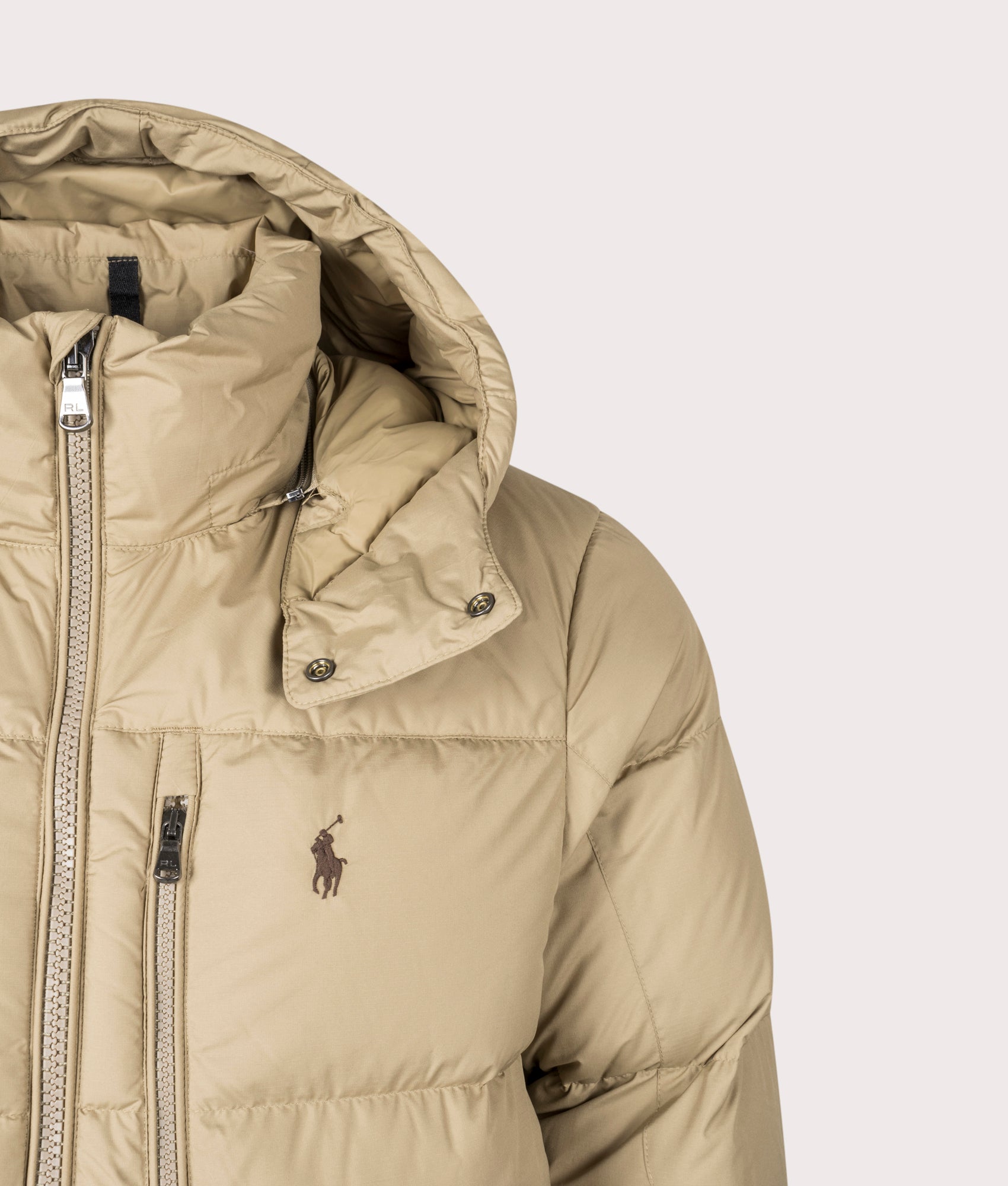 Polo Ralph Lauren Gorham Down Jacket in Desert Khaki at EQVVS Menswear. Detail shot.
