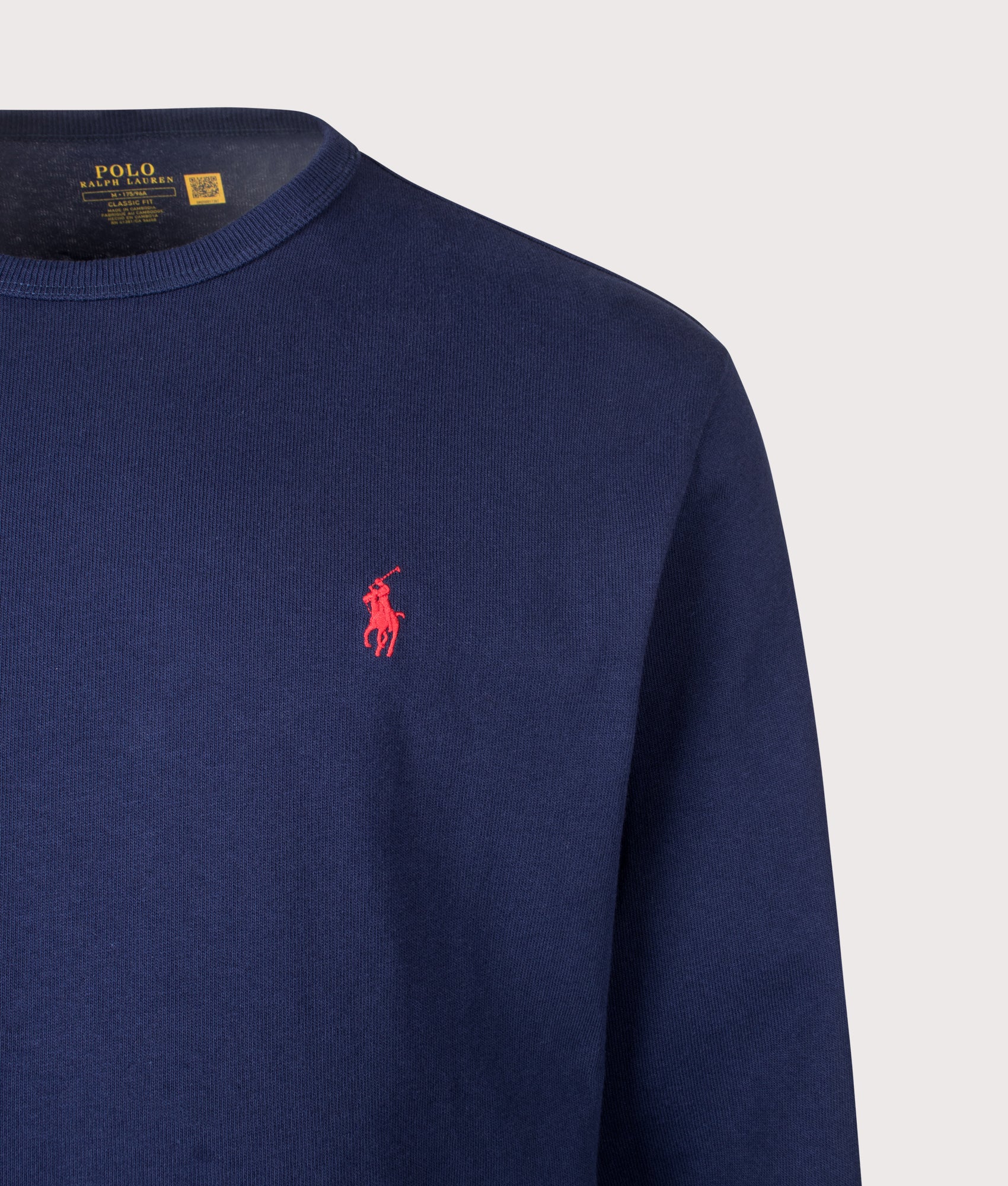 Polo Ralph Lauren Classic Fit Long Sleeve T-Shirt in Newport Navy at EQVVS Menswear. Detail shot.