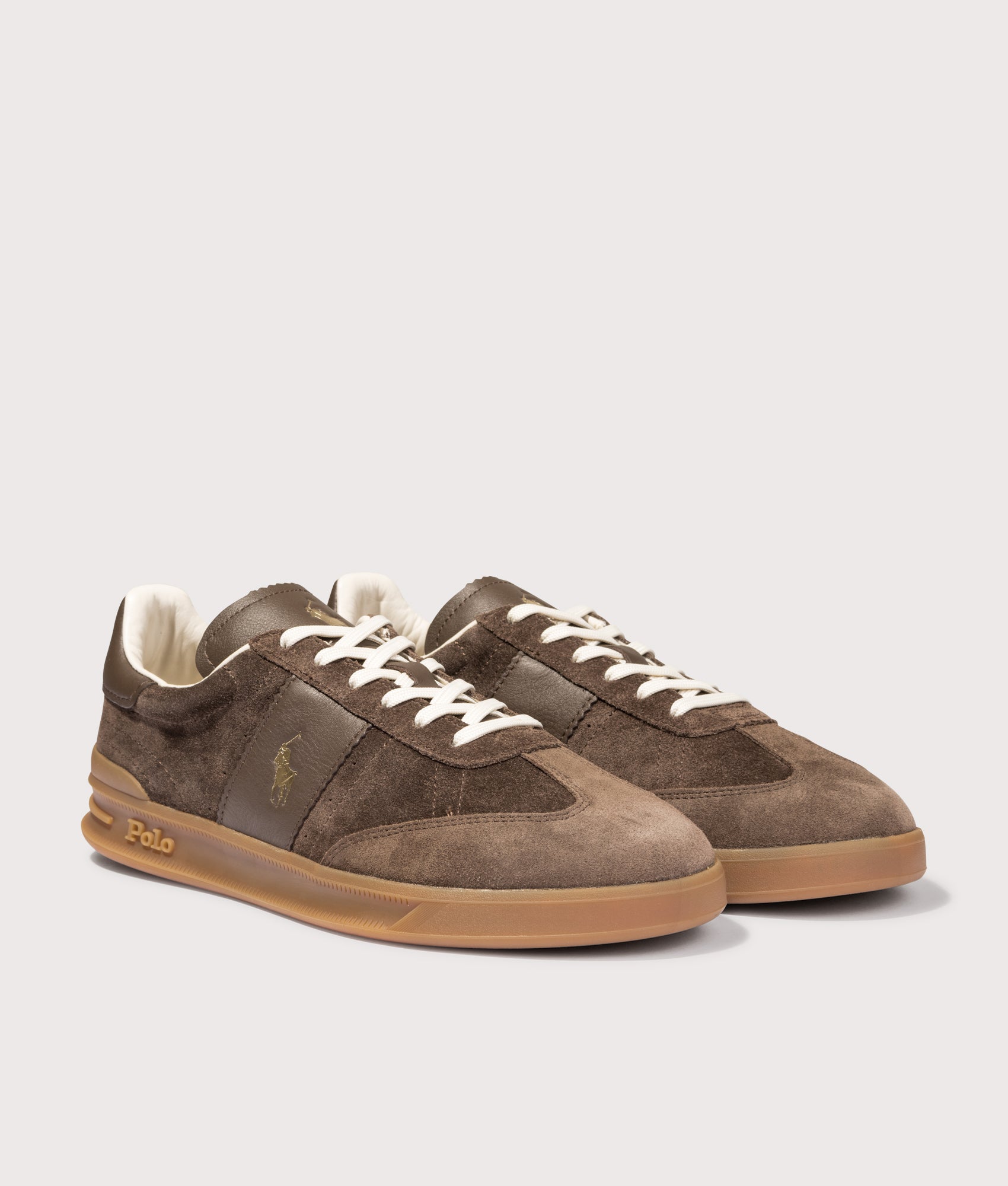 Polo Ralph Lauren Heritage Aera Leather Suede Trainers in Chocolate Brown at EQVVS Menswear. Angled front shot.