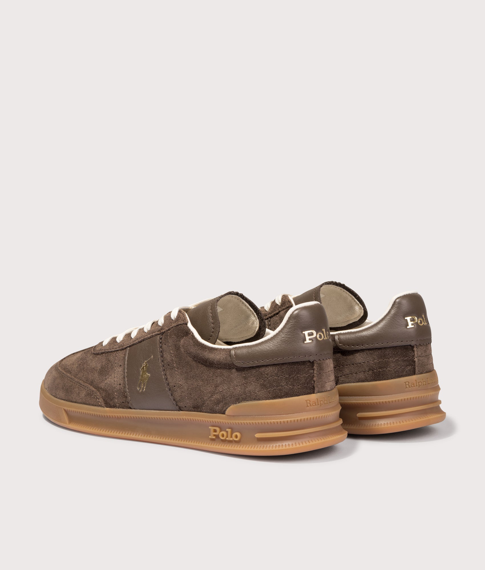 Polo Ralph Lauren Heritage Aera Leather Suede Trainers in Chocolate Brown at EQVVS Menswear. Angled back shot.