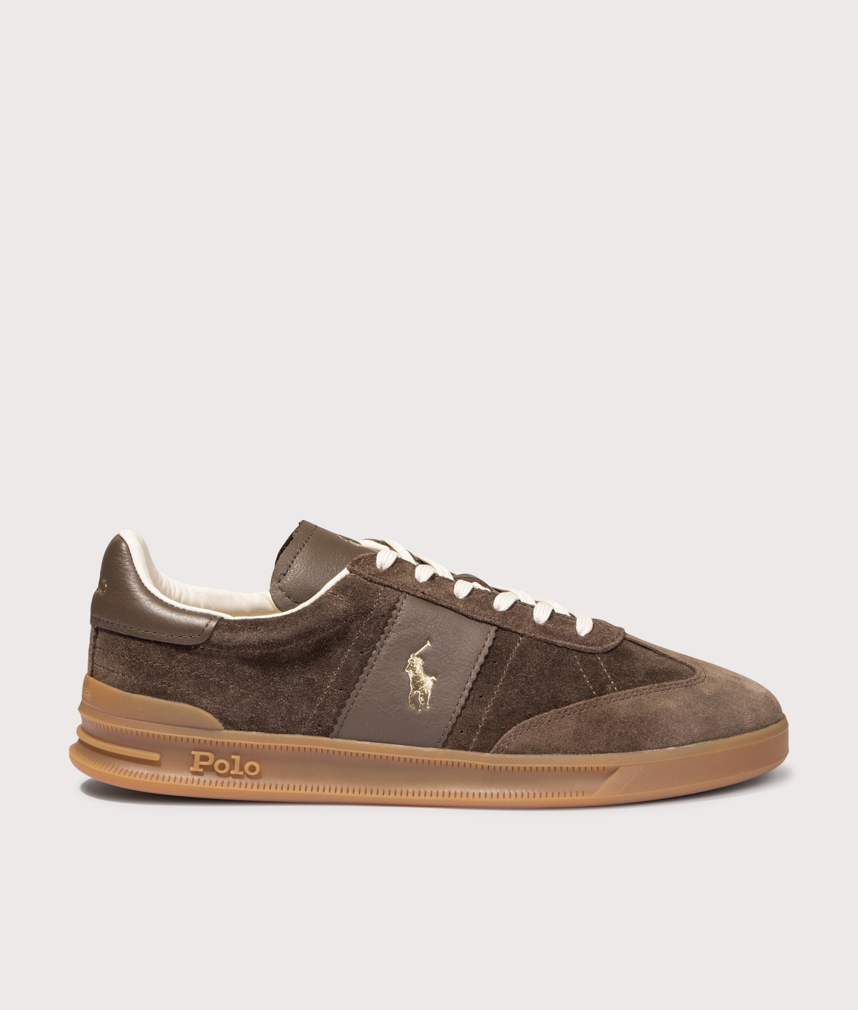 Polo Ralph Lauren Heritage Aera Leather Suede Trainers in Chocolate Brown at EQVVS Menswear. Side shot.