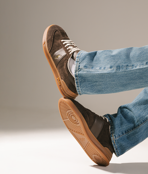 Polo Ralph Lauren Heritage Aera Leather Suede Trainers in Chocolate Brown at EQVVS Menswear. Campaign shot.