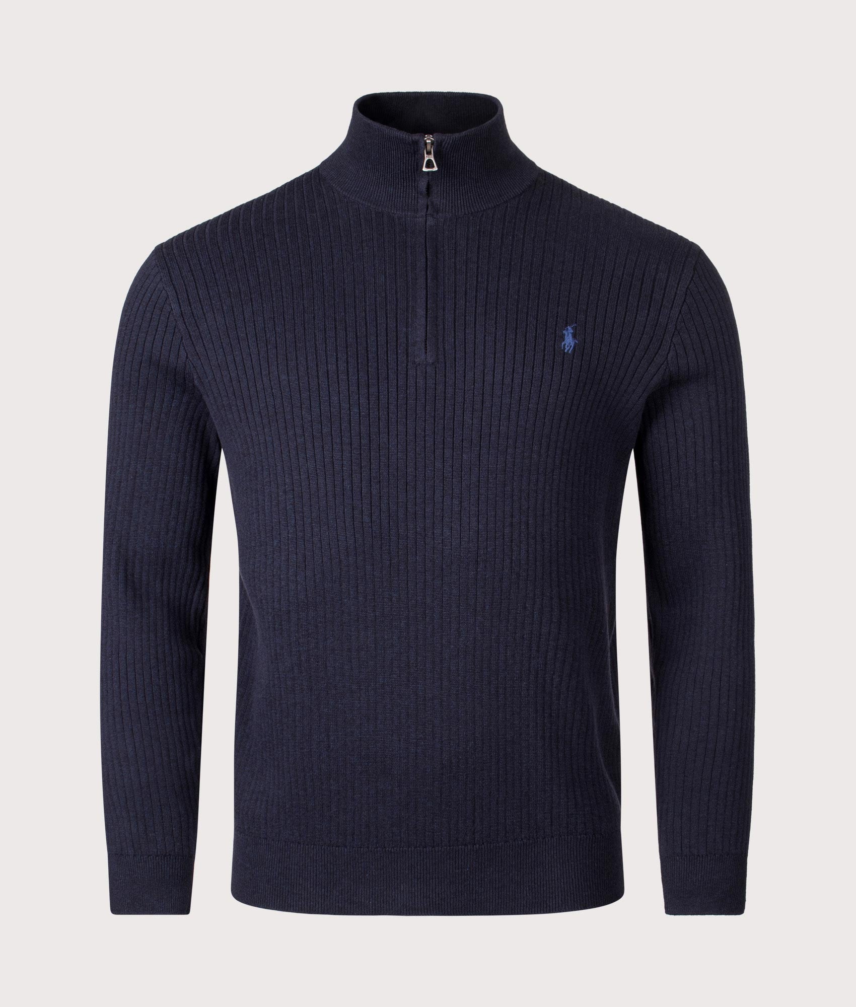Rib Knit Cotton Quarter Zip Sweatshirt in Navy Heather. 100% Cotton | Polo Ralph Lauren | EQVVS  Front shot 