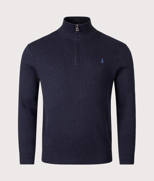 Rib Knit Cotton Quarter Zip Sweatshirt in Navy Heather. 100% Cotton | Polo Ralph Lauren | EQVVS  Front shot 