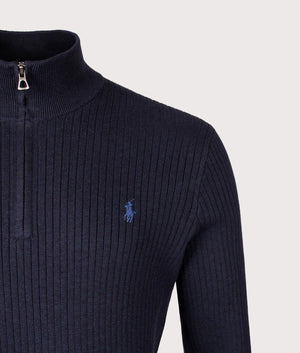 Rib Knit Cotton Quarter Zip Sweatshirt in Navy Heather. 100% Cotton | Polo Ralph Lauren | EQVVS |  Front detail shot 