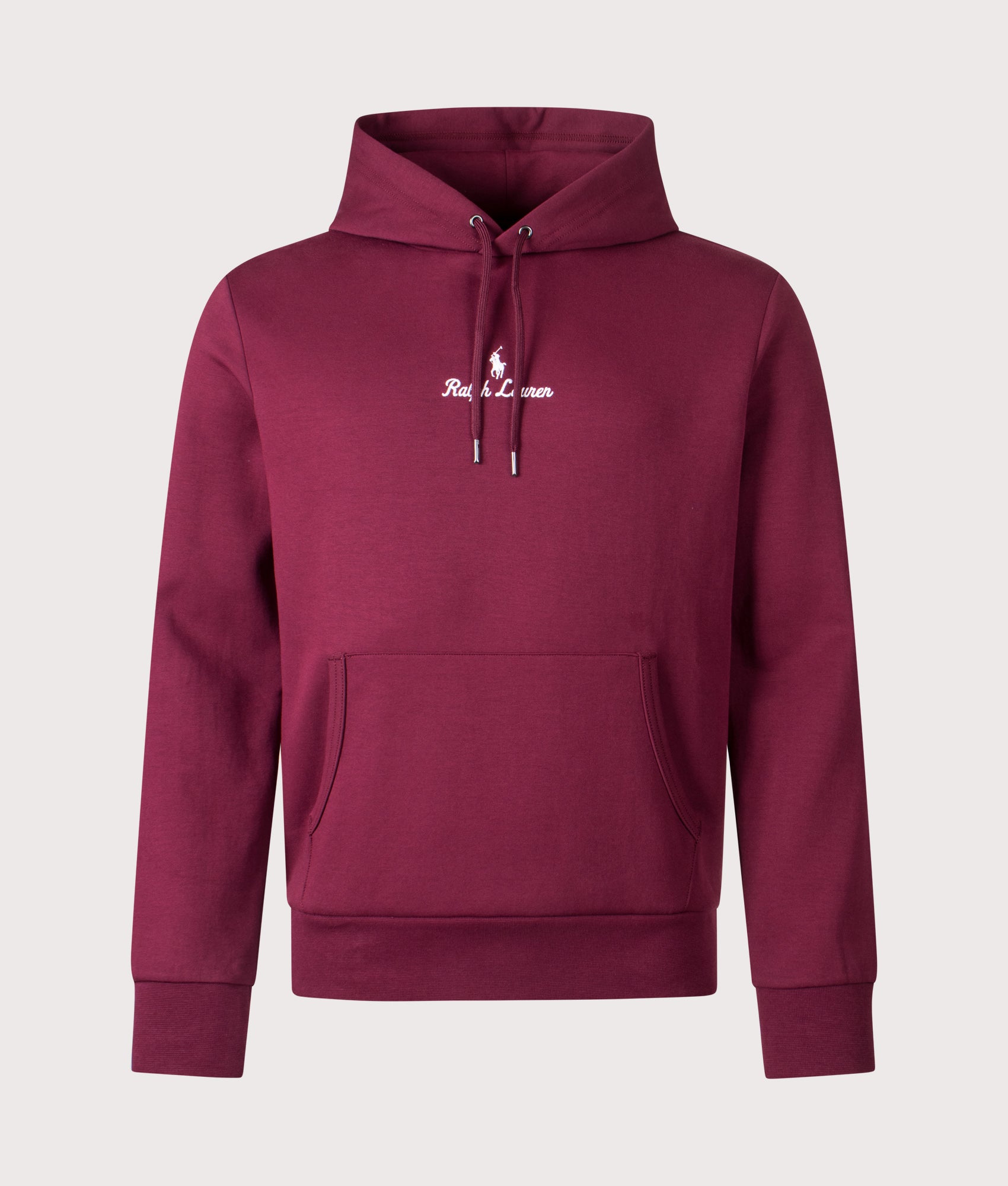 Polo Ralph Lauren Double-Knit Central Logo Hoodie in Classic Wine at EQVVS Menswear. Front shot.