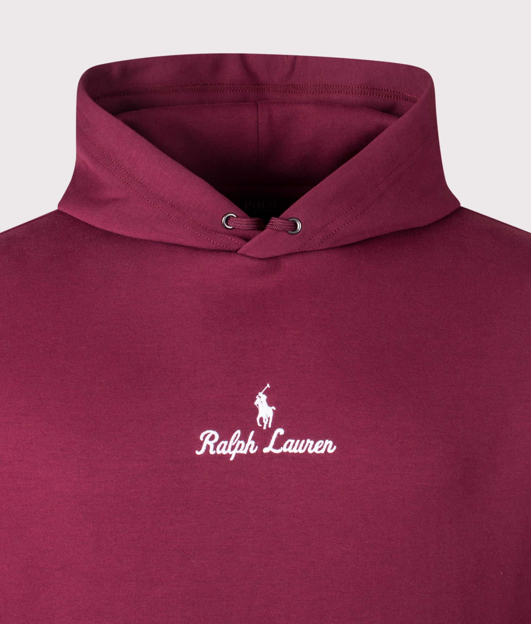 Polo Ralph Lauren Double-Knit Central Logo Hoodie in Classic Wine at EQVVS Menswear. Detail shot.