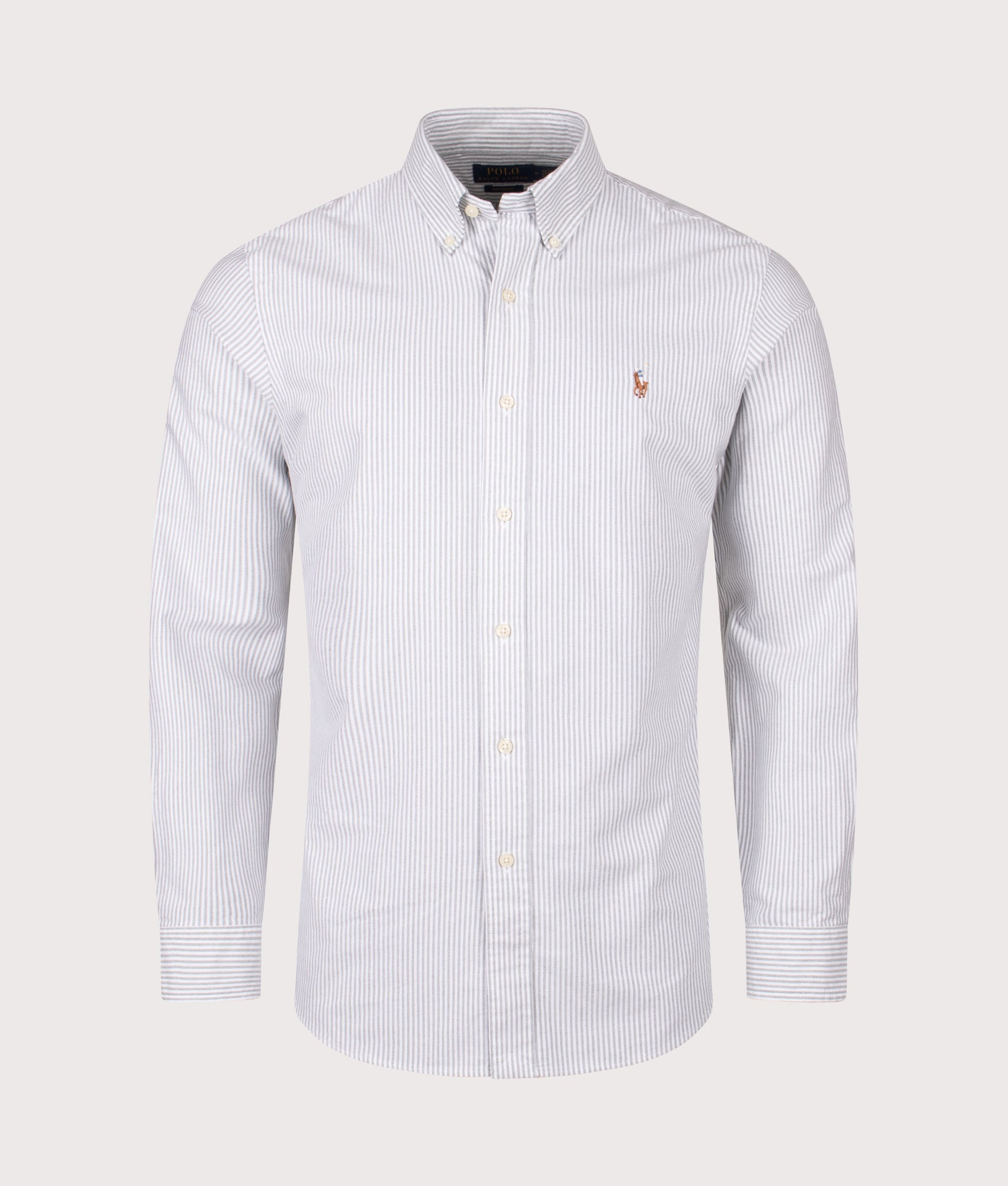 Custom Fit Striped Oxford Shirt drops in Thistle/ White. | Polo Ralph Lauren | Shot at EQVVS | Front shot