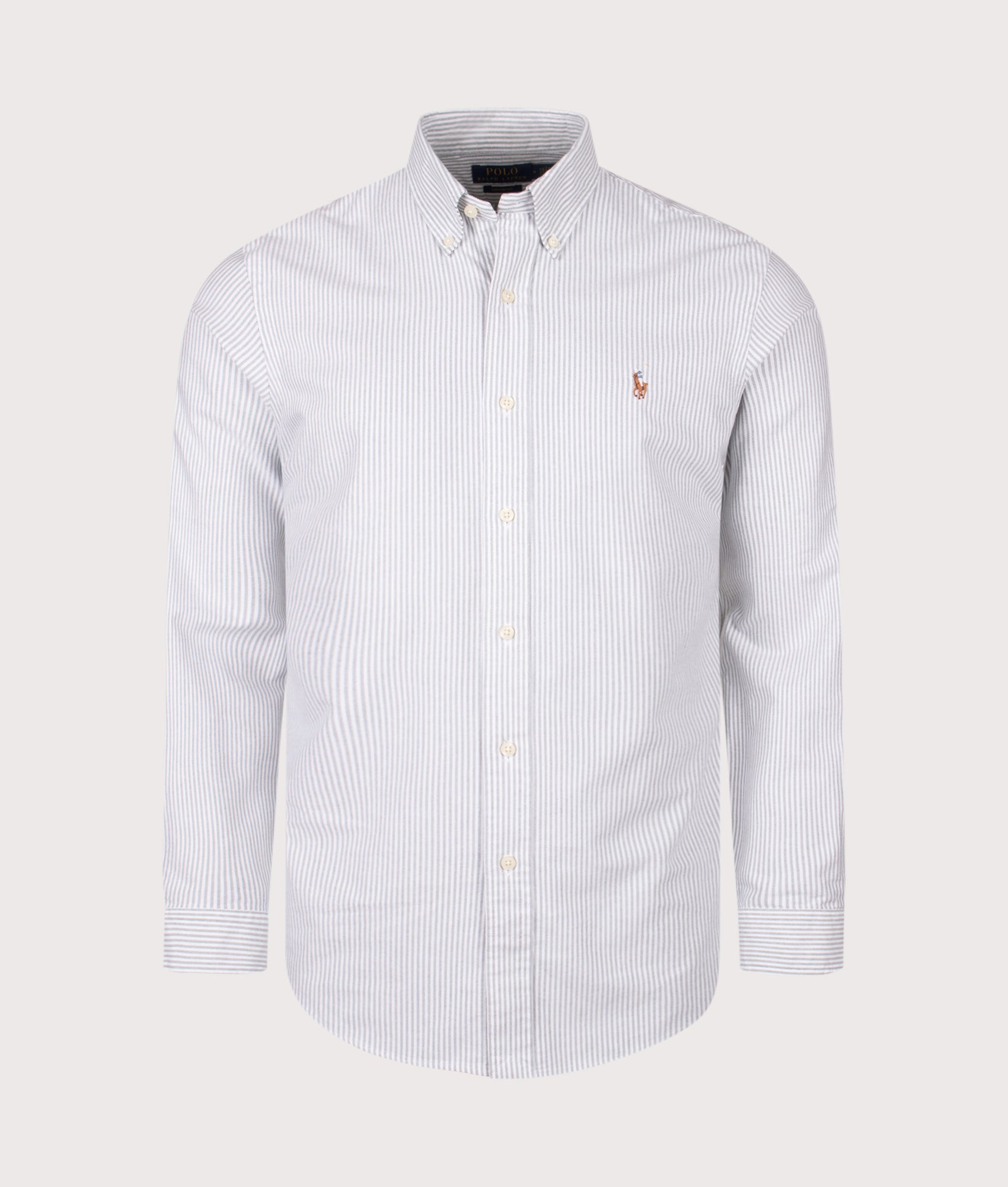 Polo Ralph Lauren Custom Fit Striped Oxford Shirt drops in Thistle / White at EQVVS Menswear. Front shot.