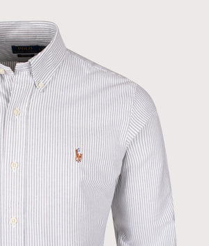 Custom Fit Striped Oxford Shirt drops in Thistle/ White. | Polo Ralph Lauren | Shot at EQVVS | Front detail shot