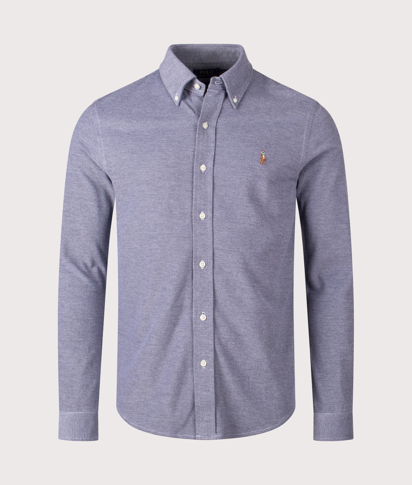 Polo Ralph Lauren Mesh Knit Oxford Shirt in Newport Navy and Multi Polo Pony at EQVVS Menswear. Front shot.
