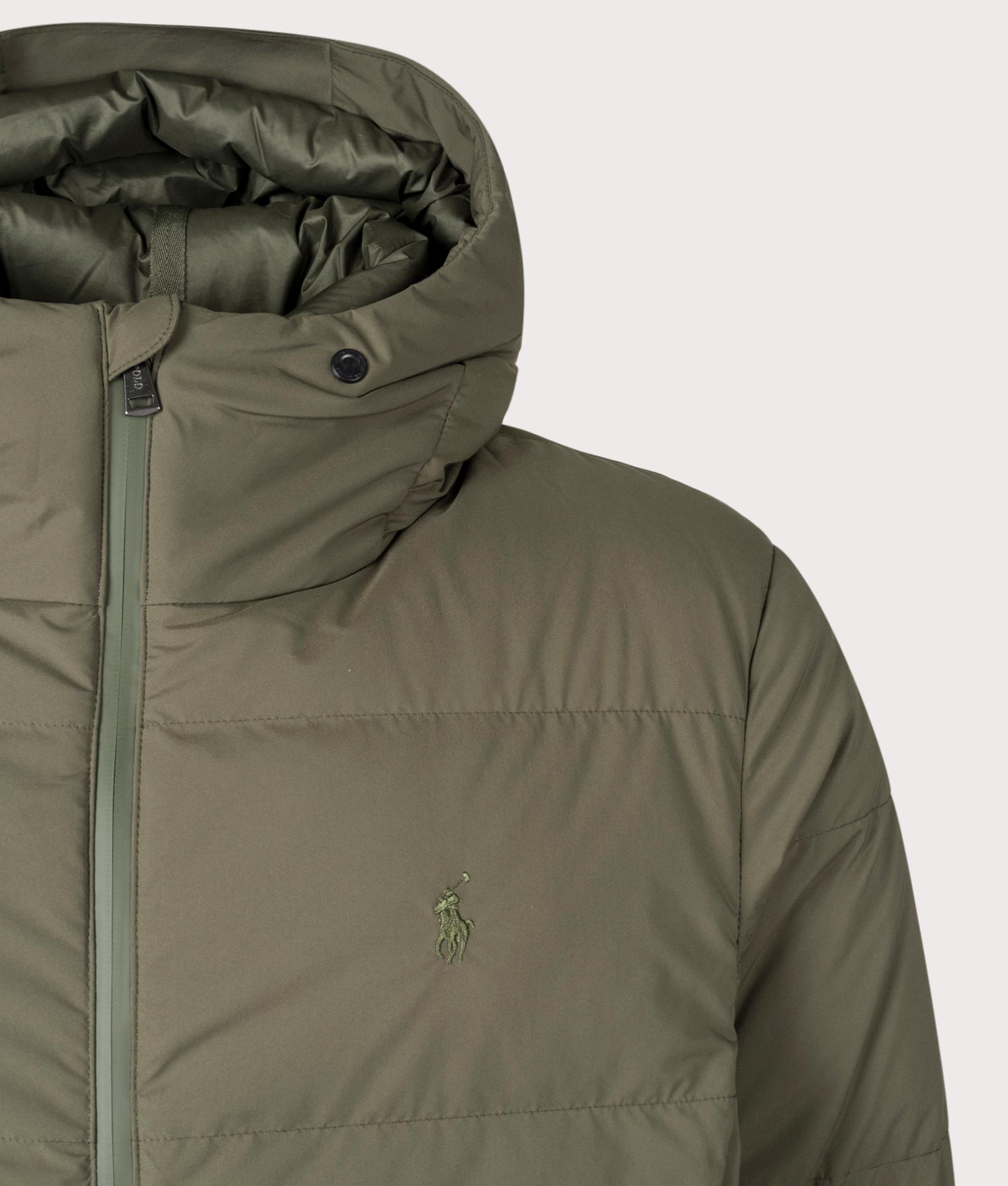 Polo Ralph Lauren Matte Quilted Down Jacket in Ranger Green at EQVVS Menswear. Front detail shot.
