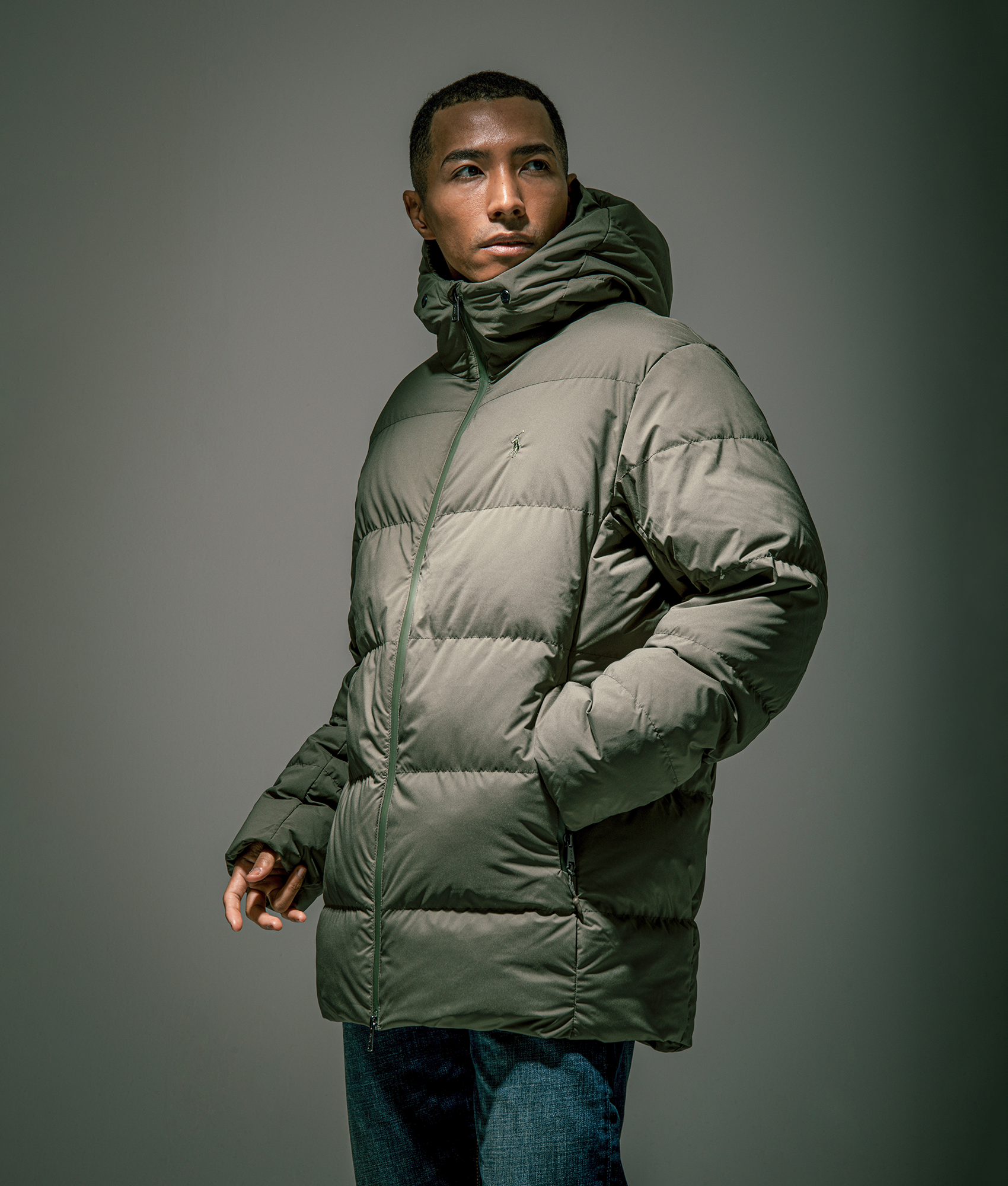 Polo Ralph Lauren Matte Quilted Down Jacket in Ranger Green at EQVVS Menswear. Campaign shot.