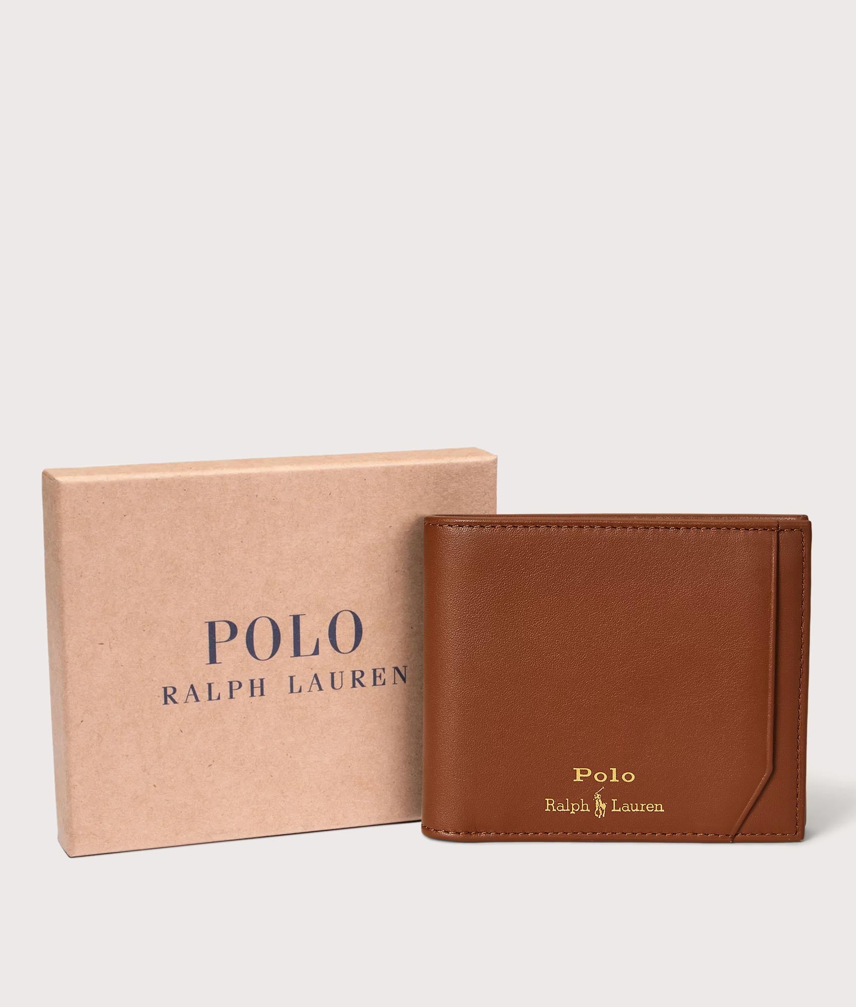 Polo Ralph Lauren 3-In-1 Smooth Leather Wallet in Saddle at EQVVS Menswear. Front and box shot.
