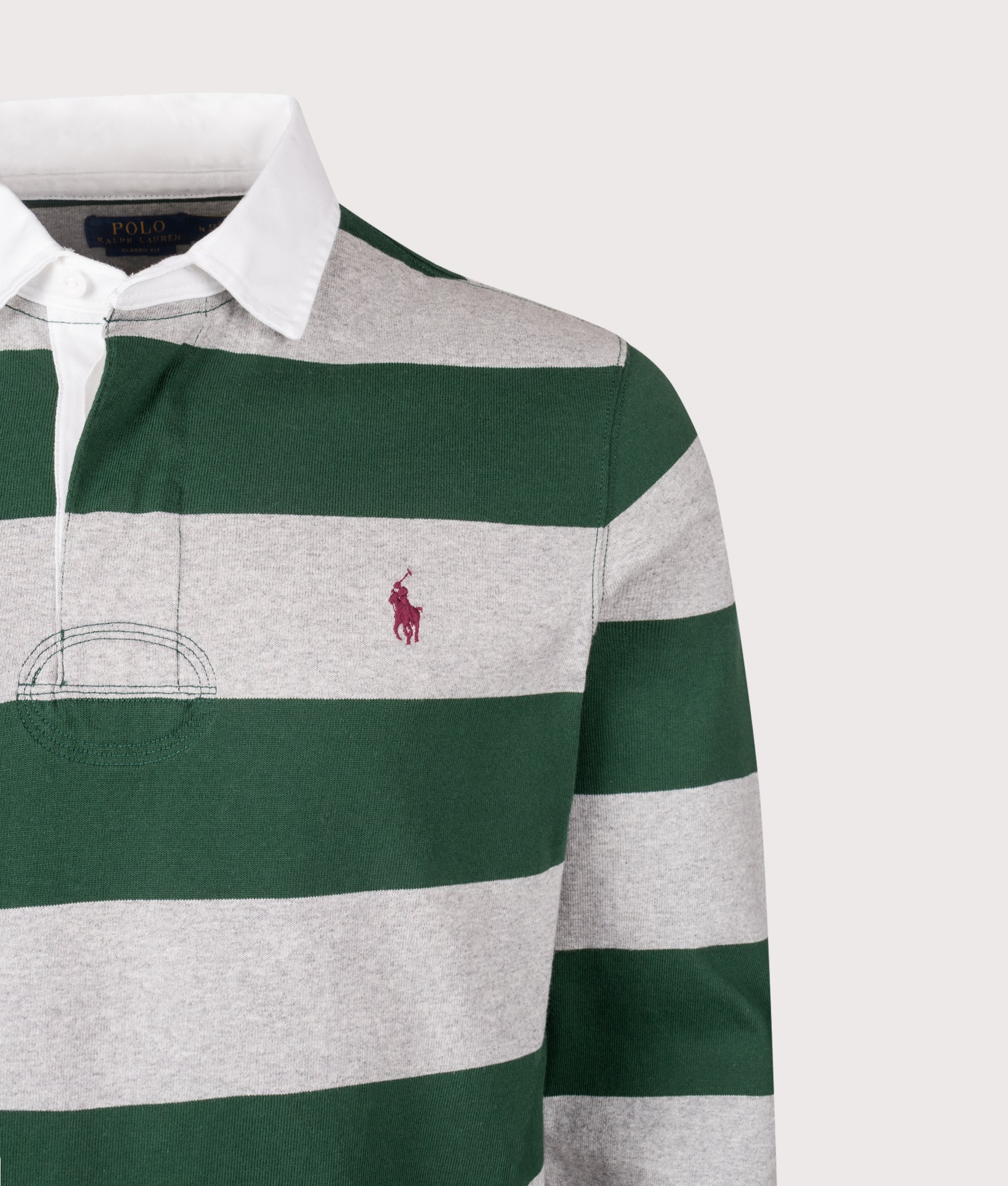 Polo Ralph Lauren The Iconic Rugby Shirt in Vintage Pine/Andover Heather at EQVVS Menswear. Detail shot. 