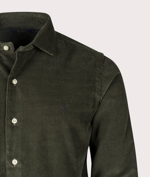 Polo Ralph Lauren Custom Fit Corduroy Shirt Estate Olive at EQVVS Menswear. Detail Shot