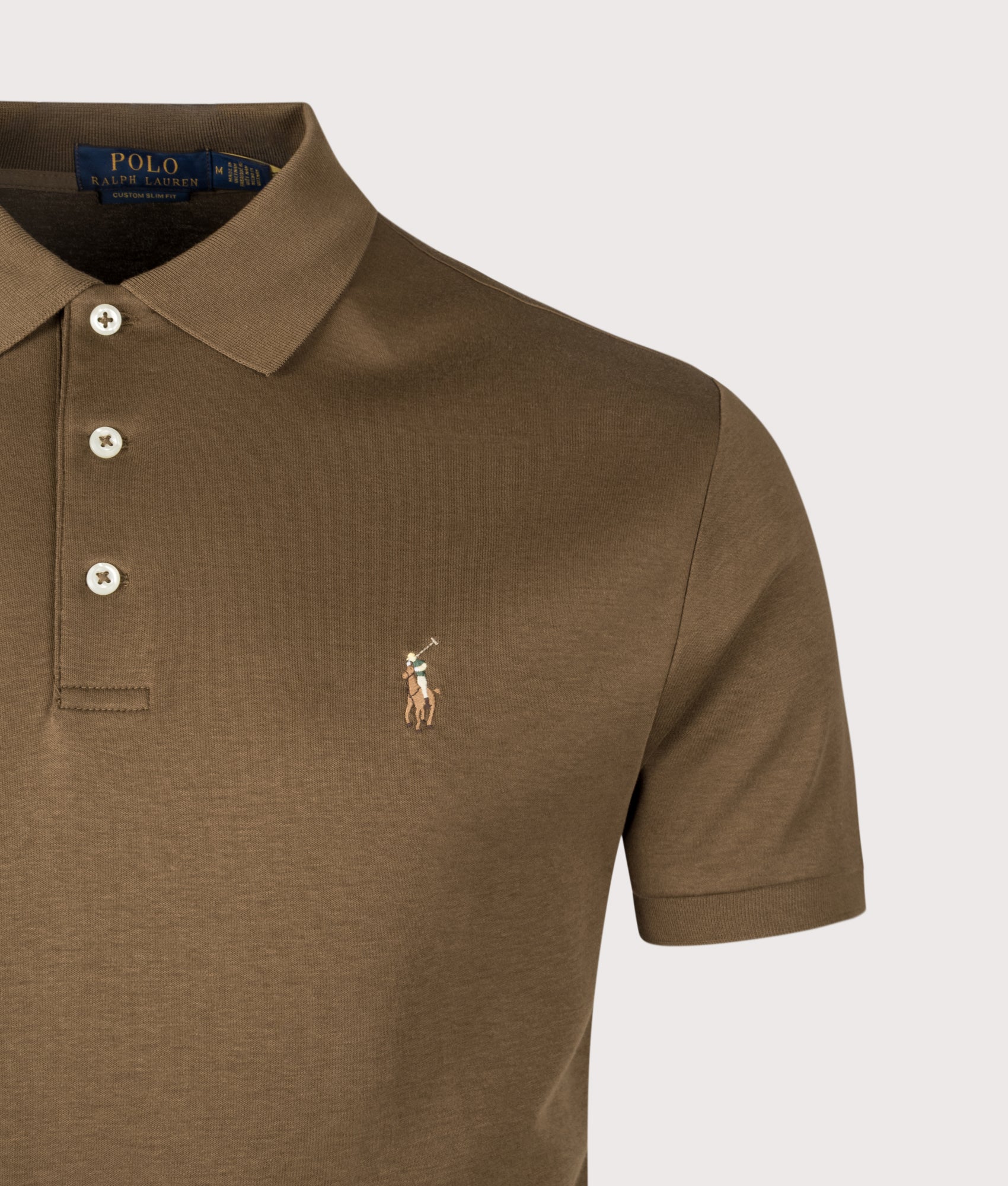 Custom Slim Fit Soft Cotton Polo Shirt  in Nature Brown. | 100% Cotton | Polo Ralph Lauren | Shot at EQVVS | Front detail shot
