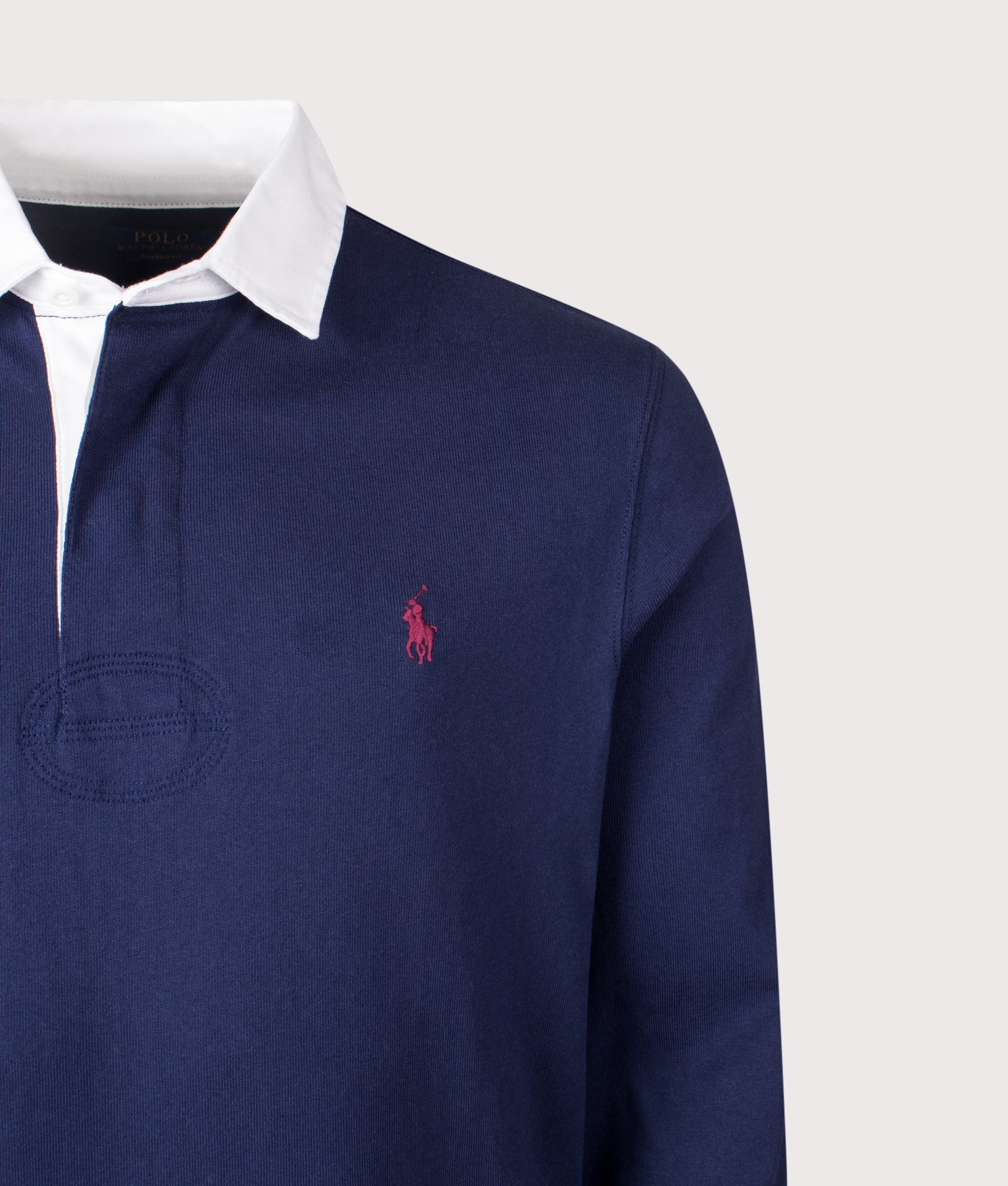 Polo Ralph Lauren The Iconic Rugby Shirt in Newport Navy at EQVVS Menswear. Detail shot.
