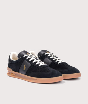 Heritage Aera Leather Suede Trainers in Black | Polo Ralph Lauren | EQVVS | Front angle shot 