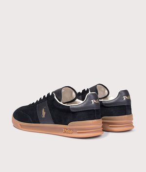 Heritage Aera Leather Suede Trainers in Black | Polo Ralph Lauren | EQVVS | Back angle shot 