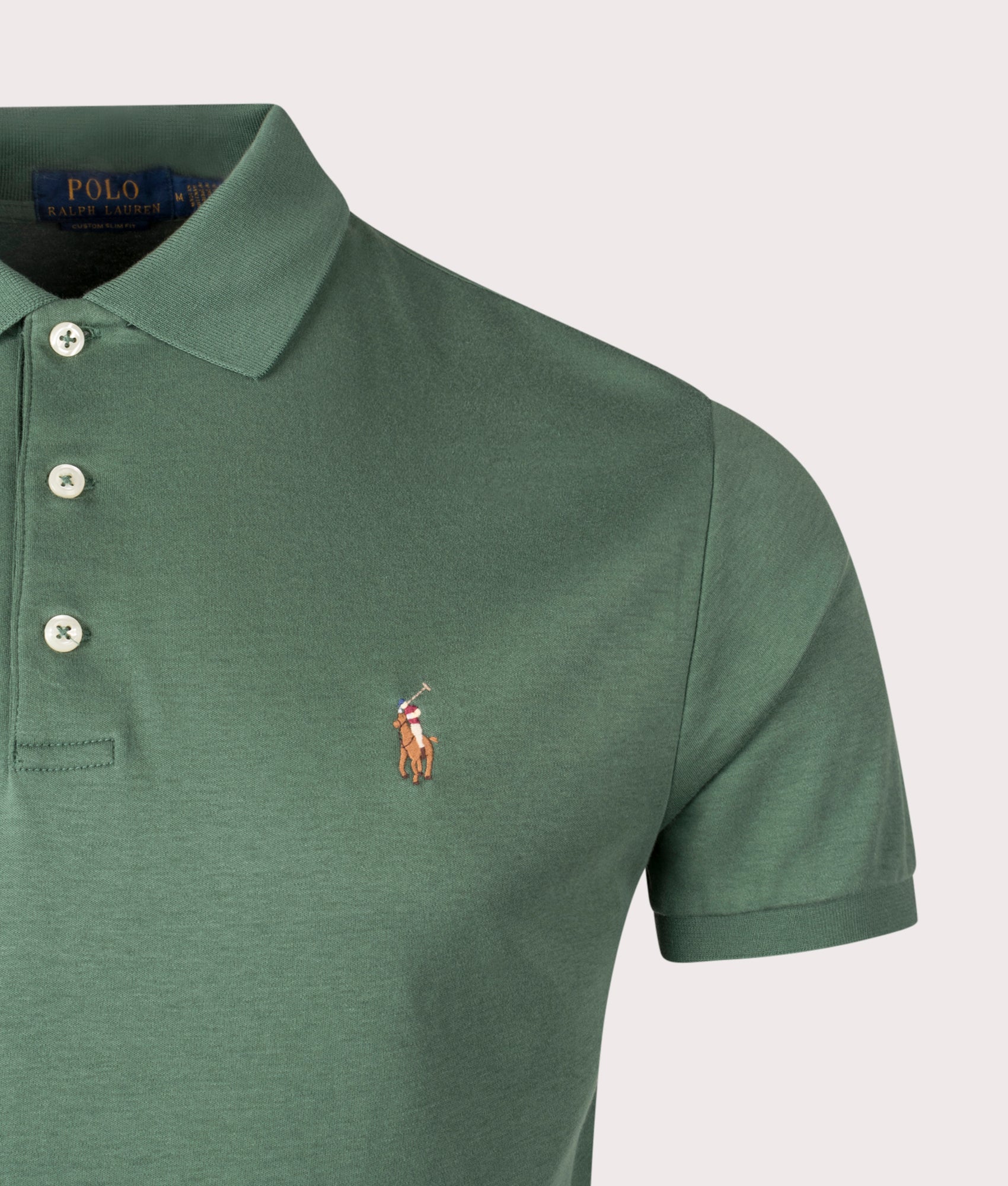 Custom Slim Fit Soft Cotton Polo Shirt in Washed Forest. 100% Cotton | Polo Ralph Lauren | Shot at EQVVS | Front detail shot 
