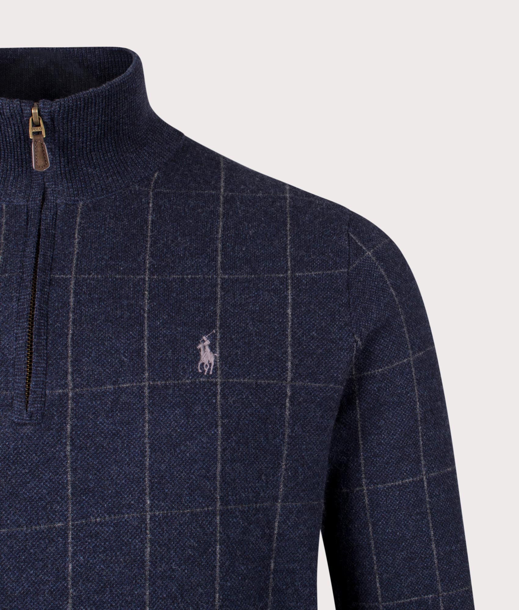 Polo Quarter Zip Sweatshirt in Navy Combo. 100% Wool |  Polo Ralph Lauren  | Shot at EQVVS | Front detail shot 
