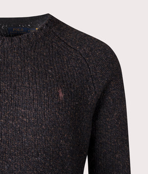 Polo Ralph Lauren Marled Knit Crew Neck Jumper in Charcoal Marl at EQVVS Menswear. Detail Shot