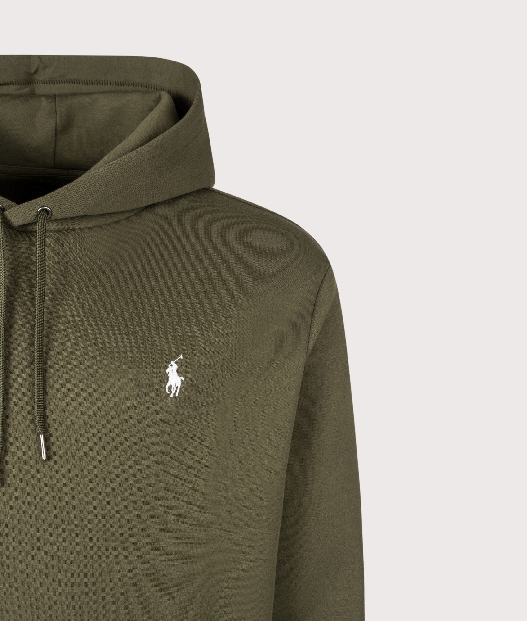 Polo Ralph Lauren Double Knit Hoodie in Company Olive at EQVVS Menswear. Detail shot.