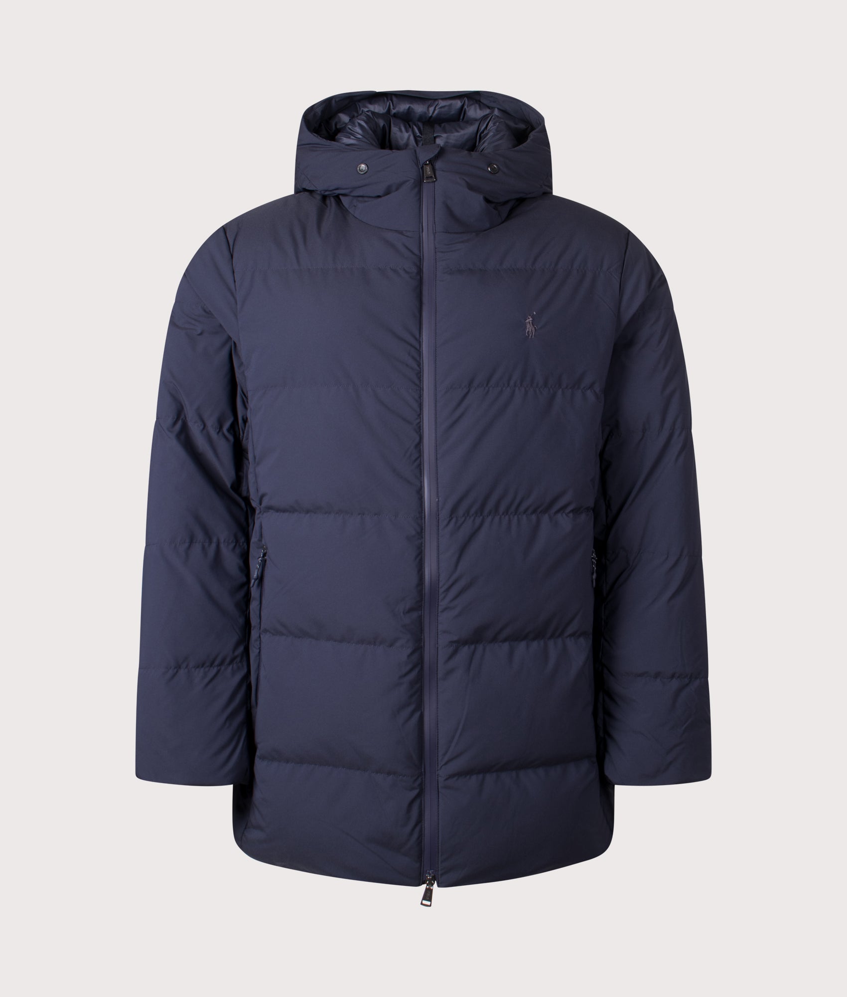Polo Ralph Lauren Matte Quilted Down Parkview Coat in Collection Navy at EQVVS Menswear. Front shot.
