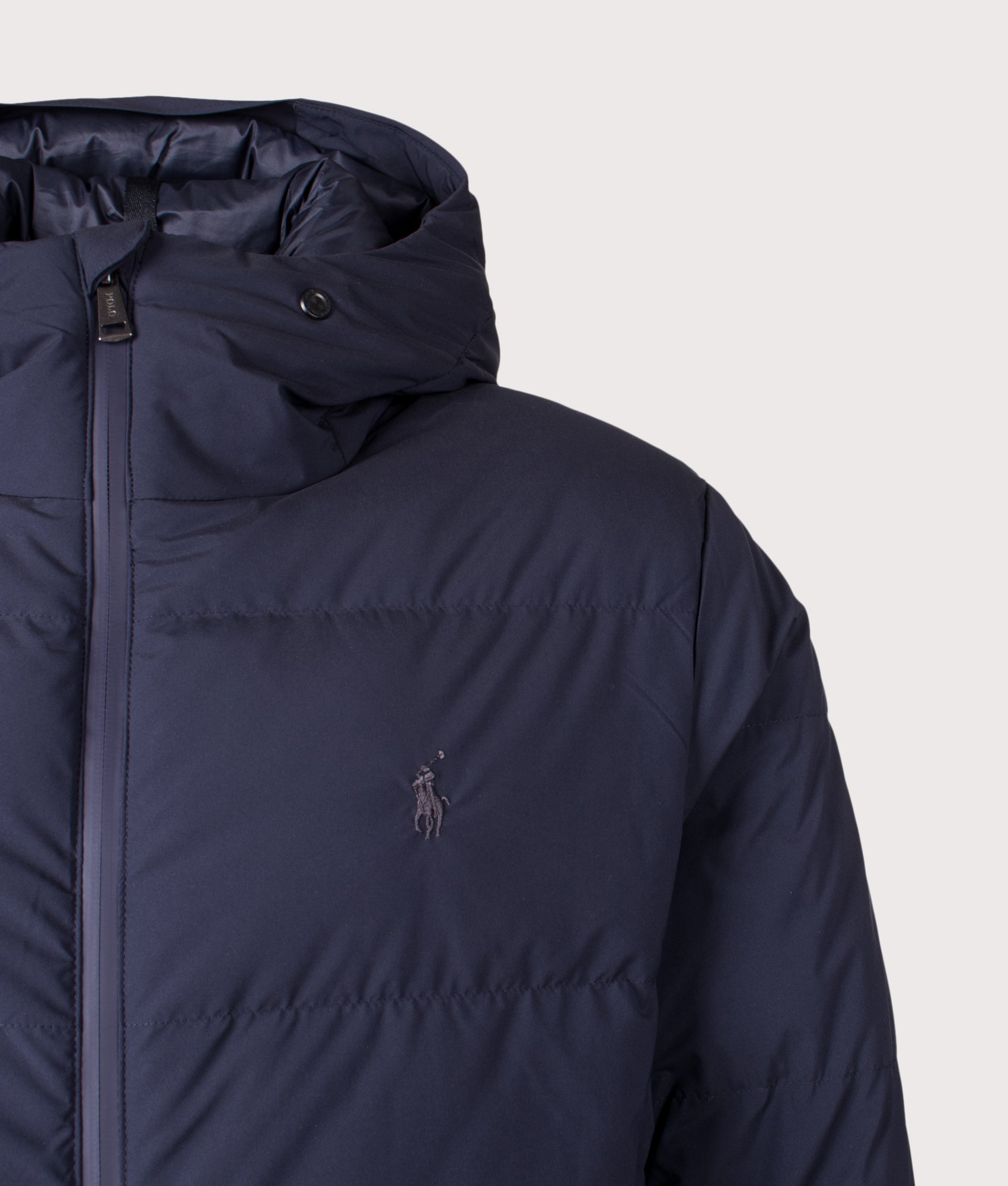 Polo Ralph Lauren Matte Quilted Down Parkview Coat in Collection Navy at EQVVS Menswear. Detail shot.