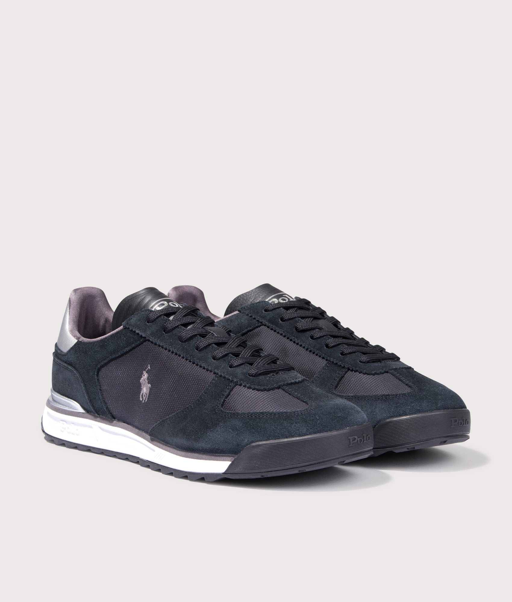 Varick Suede Oxford Sneakers in Black/Grey/Silver | Polo Ralph Lauren | EQVVS | Front angle shot 