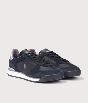 Varick Suede Oxford Sneakers in Black/Grey/Silver | Polo Ralph Lauren | EQVVS | Front angle shot 