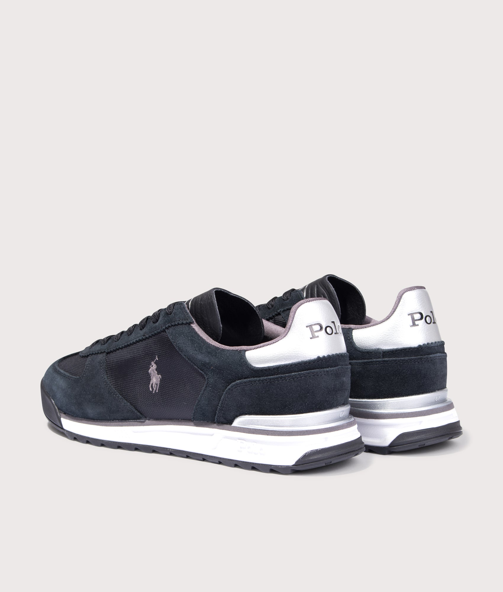 Varick Suede Oxford Sneakers in Black/Grey/Silver | Polo Ralph Lauren | EQVVS | Back angle shot 