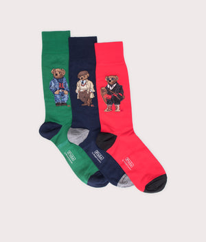 3 Pack of Polo Bear Crew Socks with Gift Box in Green/Navy/Red | Polo Ralph Lauren | EQVVS | Side shot 