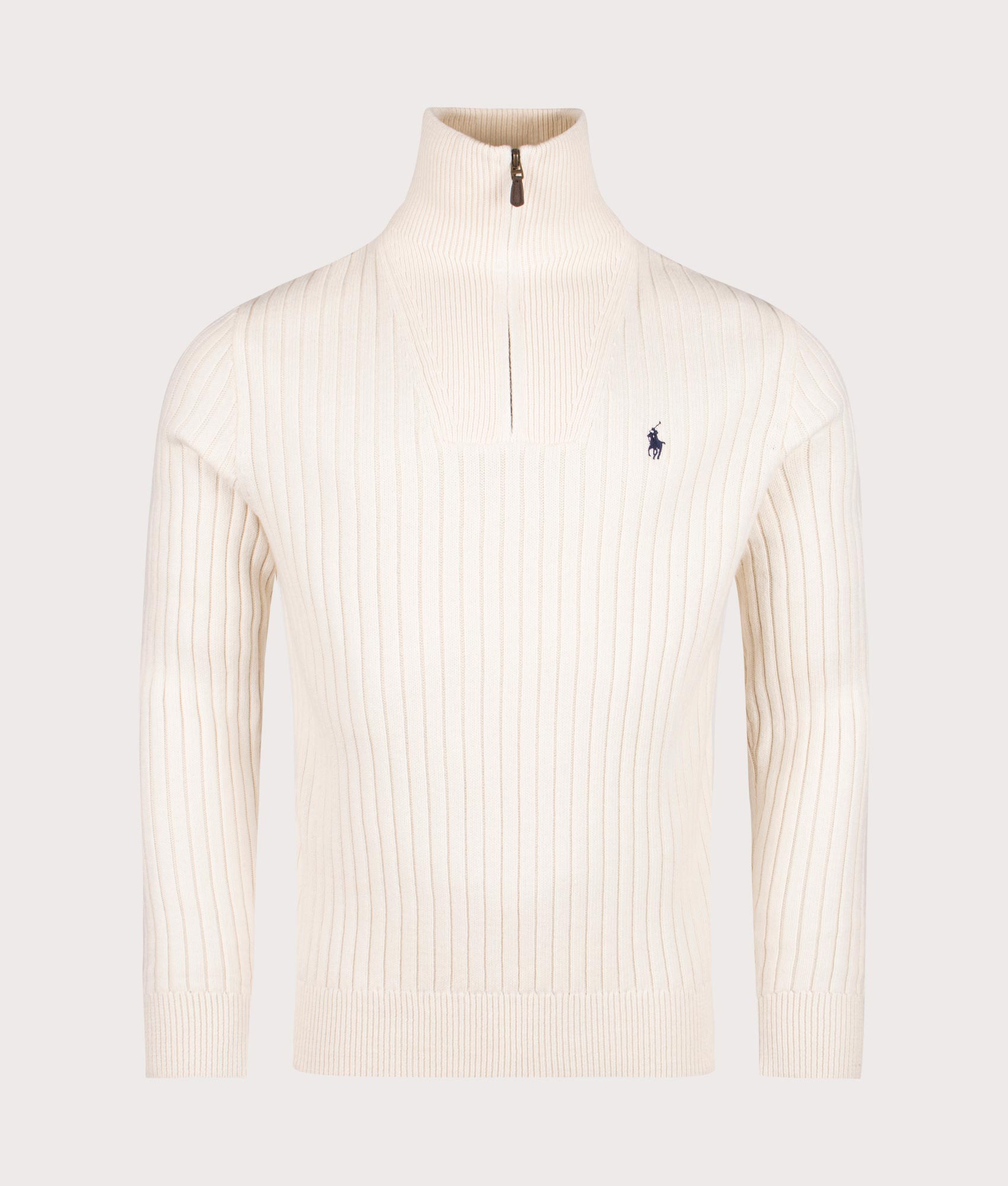 Rib Knit Wool Quarter Zip Sweatshirt in Andover Cream. Wool Cotton blend |  Polo Ralph Lauren  | Shot at EQVVS | Front shot 