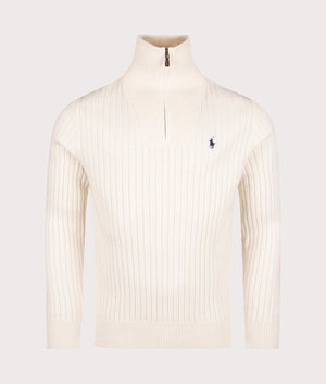 Rib Knit Wool Quarter Zip Sweatshirt in Andover Cream. Wool Cotton blend |  Polo Ralph Lauren  | Shot at EQVVS | Front shot 