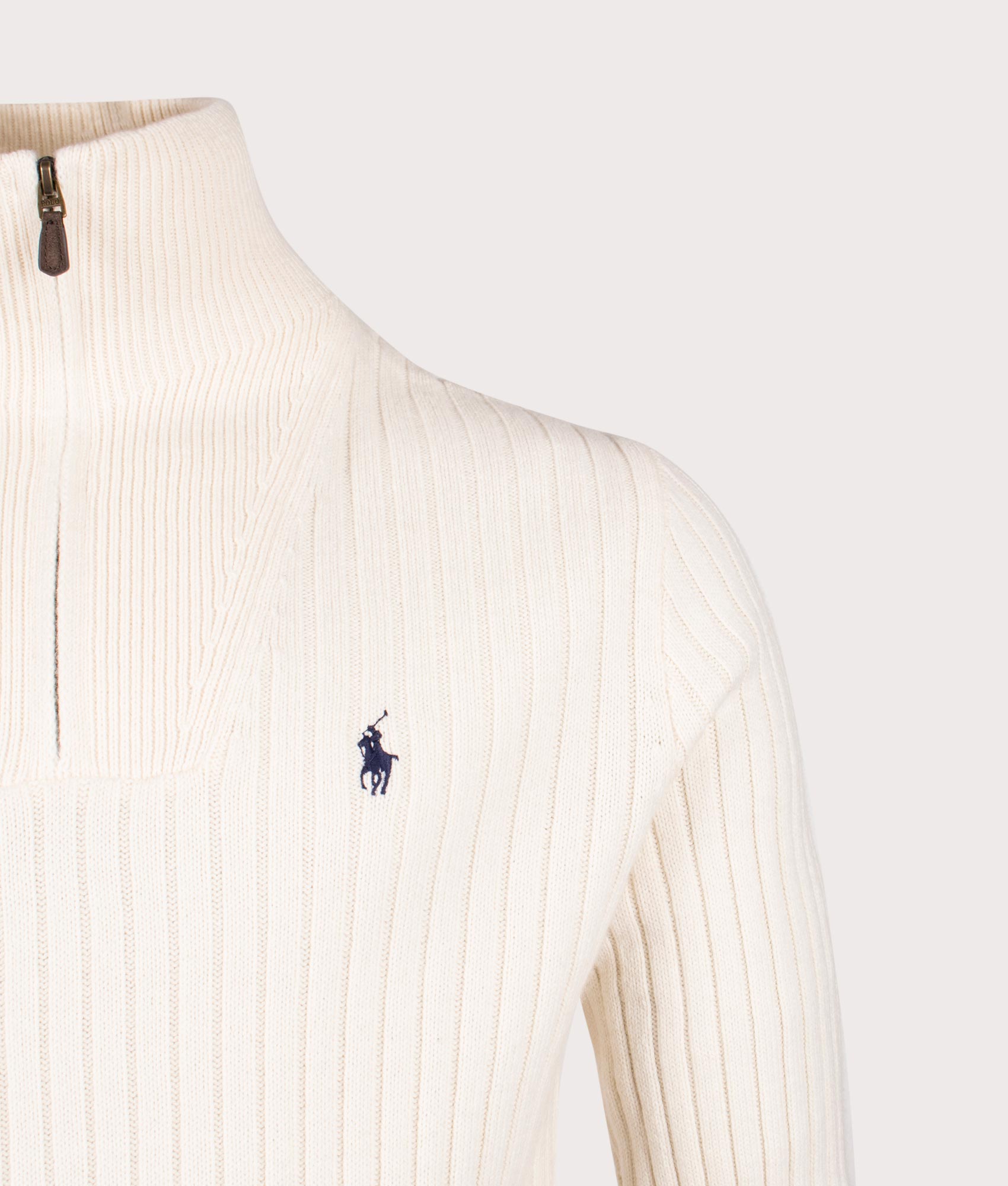 Rib Knit Wool Quarter Zip Sweatshirt in Andover Cream. Wool Cotton blend |  Polo Ralph Lauren  | Shot at EQVVS | Front detail shot 