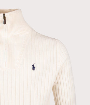 Rib Knit Wool Quarter Zip Sweatshirt in Andover Cream. Wool Cotton blend |  Polo Ralph Lauren  | Shot at EQVVS | Front detail shot 