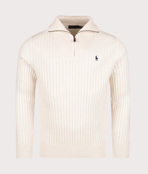 Rib Knit Wool Quarter Zip Sweatshirt in Andover Cream. Wool Cotton blend |  Polo Ralph Lauren  | Shot at EQVVS | Front open collar shot 