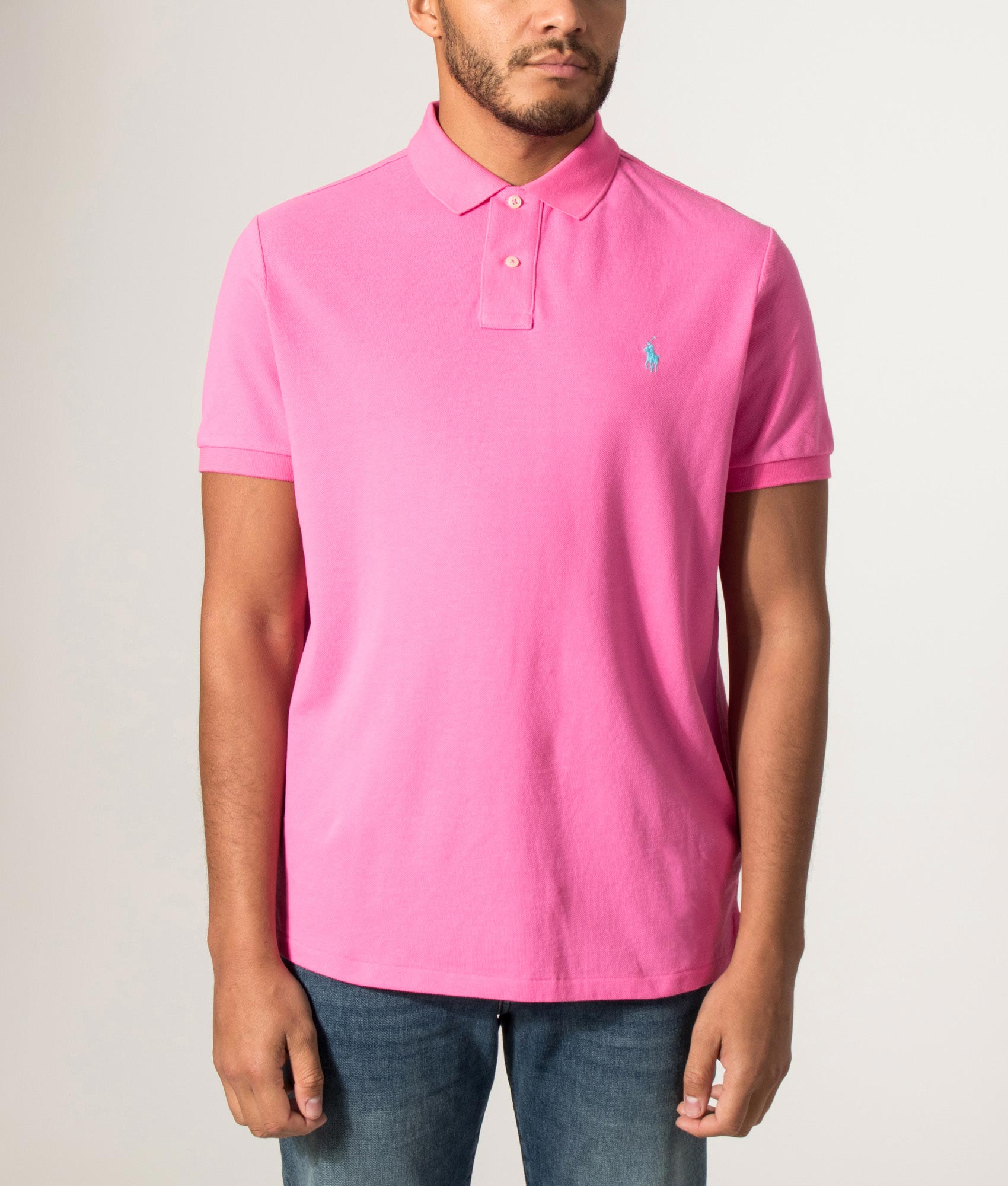 Polo Ralph Lauren Custom Slim Fit Mesh Polo Shirt in Baja Pink at EQVVS Menswear. Front shot.