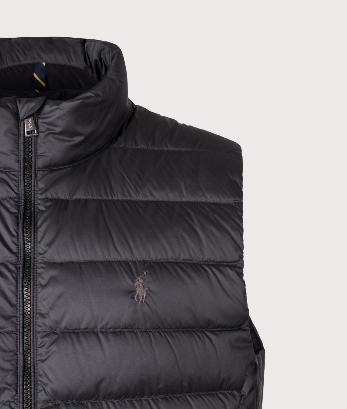Polo Ralph Lauren The Colden Packable Down Vest in Polo Black at EQVVS Menswear. Detail shot.