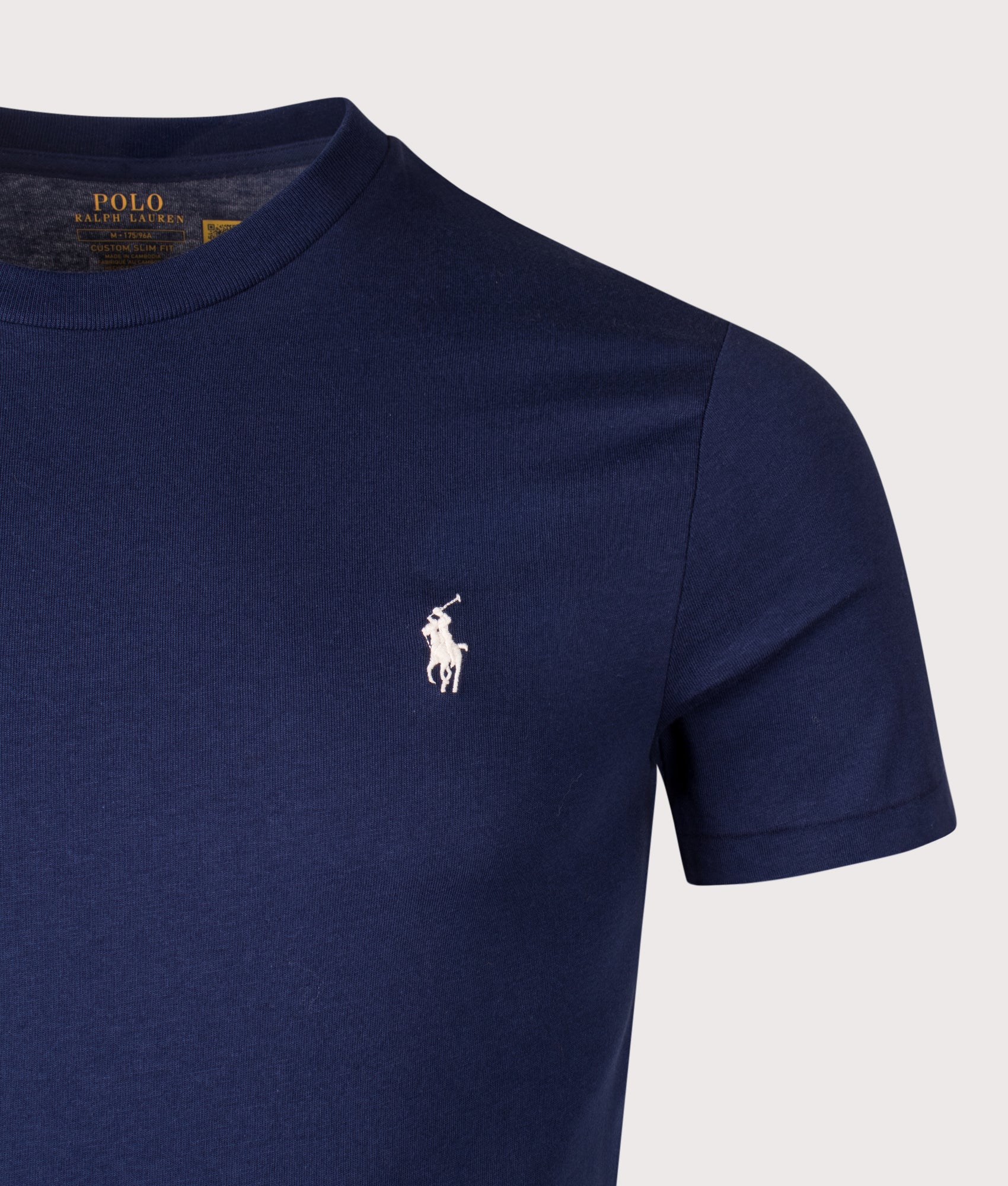 Polo Ralph Lauren Custom Slim Fit Jersey T-Shirt in Newport Navy at EQVVS Menswear. Detail shot.